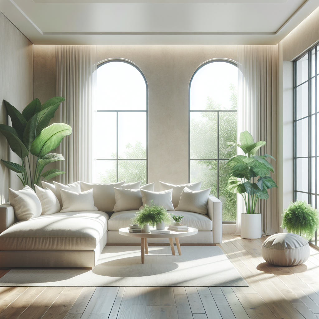 A bright, immaculate living room scene featuring a plush, comfortable sofa. An open window fills the room with abundant natural light and a gentle breeze, subtly suggesting air circulation. Lush green plants and a fresh, minimalist decor enhance the feeling of cleanliness, freshness, and an odor-free, inviting home environment. The mood is calm and serene.