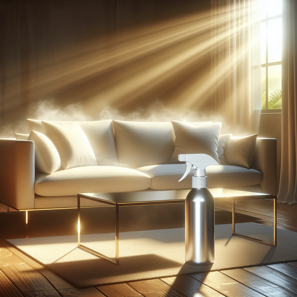 A luxurious, clean fabric sofa in a sunlit, modern living room. A gentle, almost visible aura of freshness and clean air surrounds the sofa, creating a welcoming and comfortable atmosphere. A sleek, minimalist spray bottle, labeled 'Upholstery Odor Remover,' rests discreetly on a nearby coffee table. The scene emphasizes revitalization and a pleasant, odor-free home.