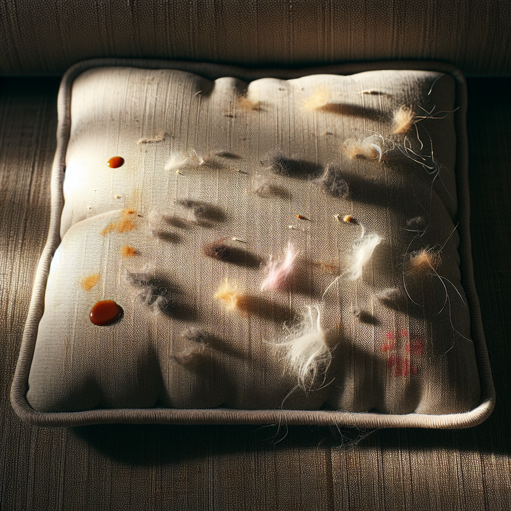 A close-up, high-texture shot of a well-loved fabric sofa cushion, showing subtle signs of everyday life that can lead to odors: a few strands of pet hair, a tiny, dried coffee drip, and slight wear on the fabric. The lighting is soft but highlights the texture, emphasizing the natural accumulation of elements that make a sofa need refreshing. No visible strong stains, just the subtle buildup.