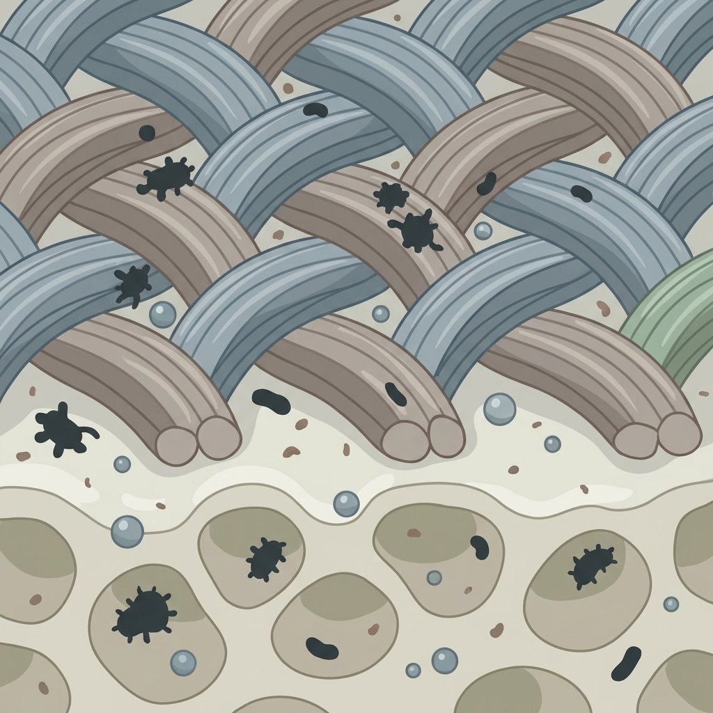A detailed cross-section illustration of upholstery fabric fibers and underlying foam, viewed microscopically. Within the fabric structure, visualize the hidden causes of unpleasant odors: tiny, abstract representations of microorganisms (small, dark, irregular shapes), numerous moisture droplets subtly embedded, and minute organic particles like dust or crumbs. The style should be a clean, scientific flat illustration with a muted color palette, highlighting the invisible elements responsible for smells without being gross, conveying the deep-seated problem.