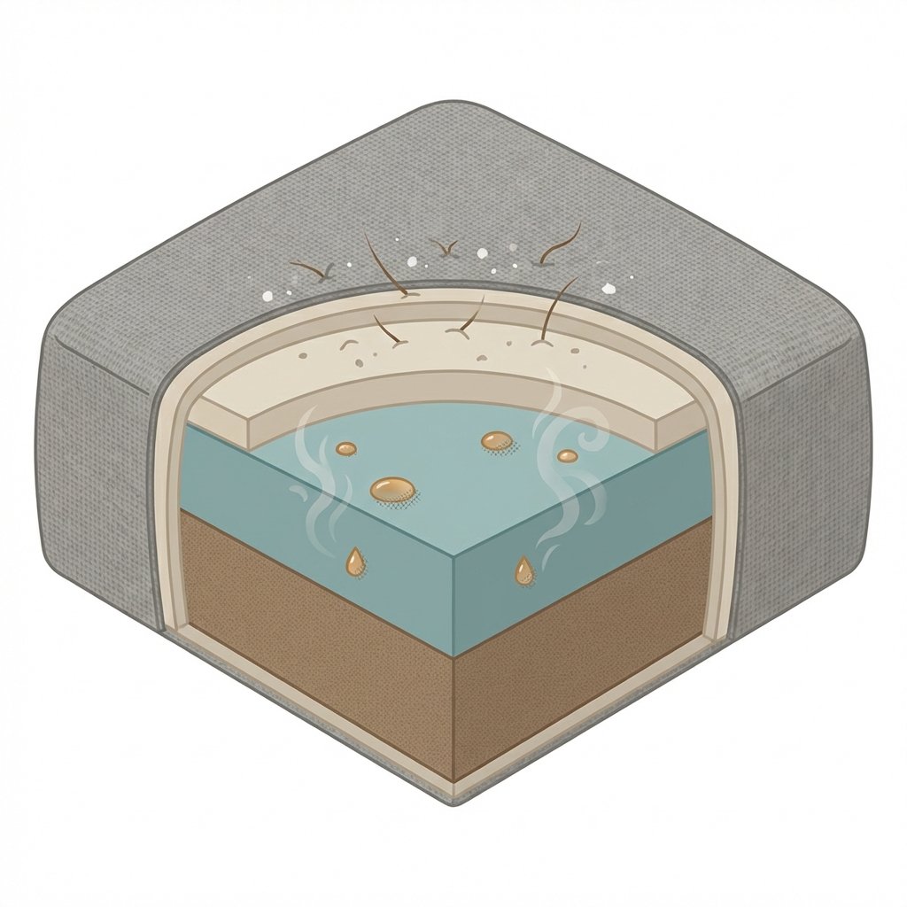 A detailed cutaway or cross-section view of a sofa cushion, revealing different layers of fabric and padding. Within these layers, subtly depict various common odor sources: tiny pet hairs, microscopic dust particles, spilled liquid droplets (e.g., coffee, pet urine) seeping into the fibers, and faint wisps of smoke-like particles. The overall impression should be scientific yet clean, highlighting how these elements become trapped deep within the upholstery. Use a flat illustration style with a soft, muted color palette to emphasize the hidden nature of the problem.