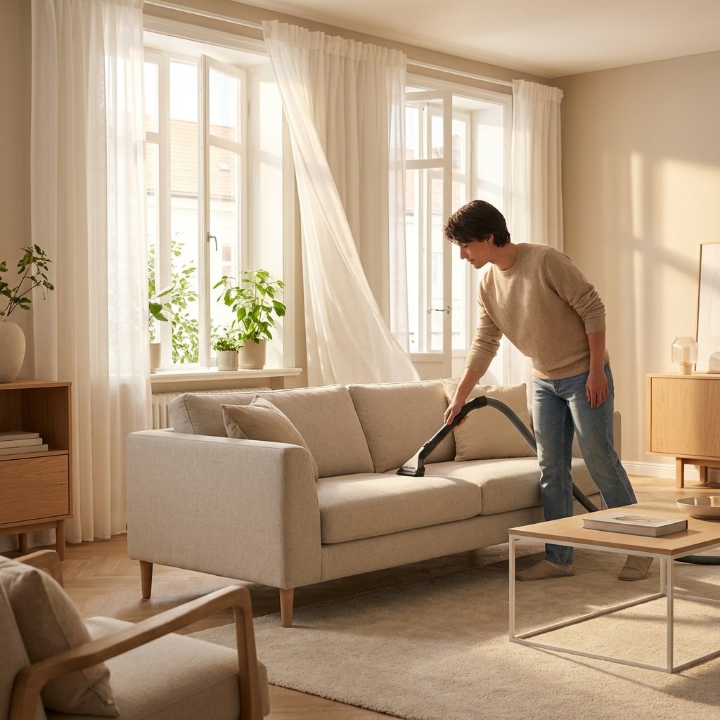 A bright and airy living room scene featuring a modern sofa. On one side, a person is gently vacuuming the sofa cushion with an upholstery attachment, showing careful attention to detail as they clean. In the background, a large window is open, with a gentle breeze subtly moving sheer curtains, indicating fresh air circulation throughout the space. Sunlight streams into the room, illuminating the fresh, clean atmosphere. The scene should be a professional photo or a highly realistic digital painting with a warm, inviting, and clean aesthetic.