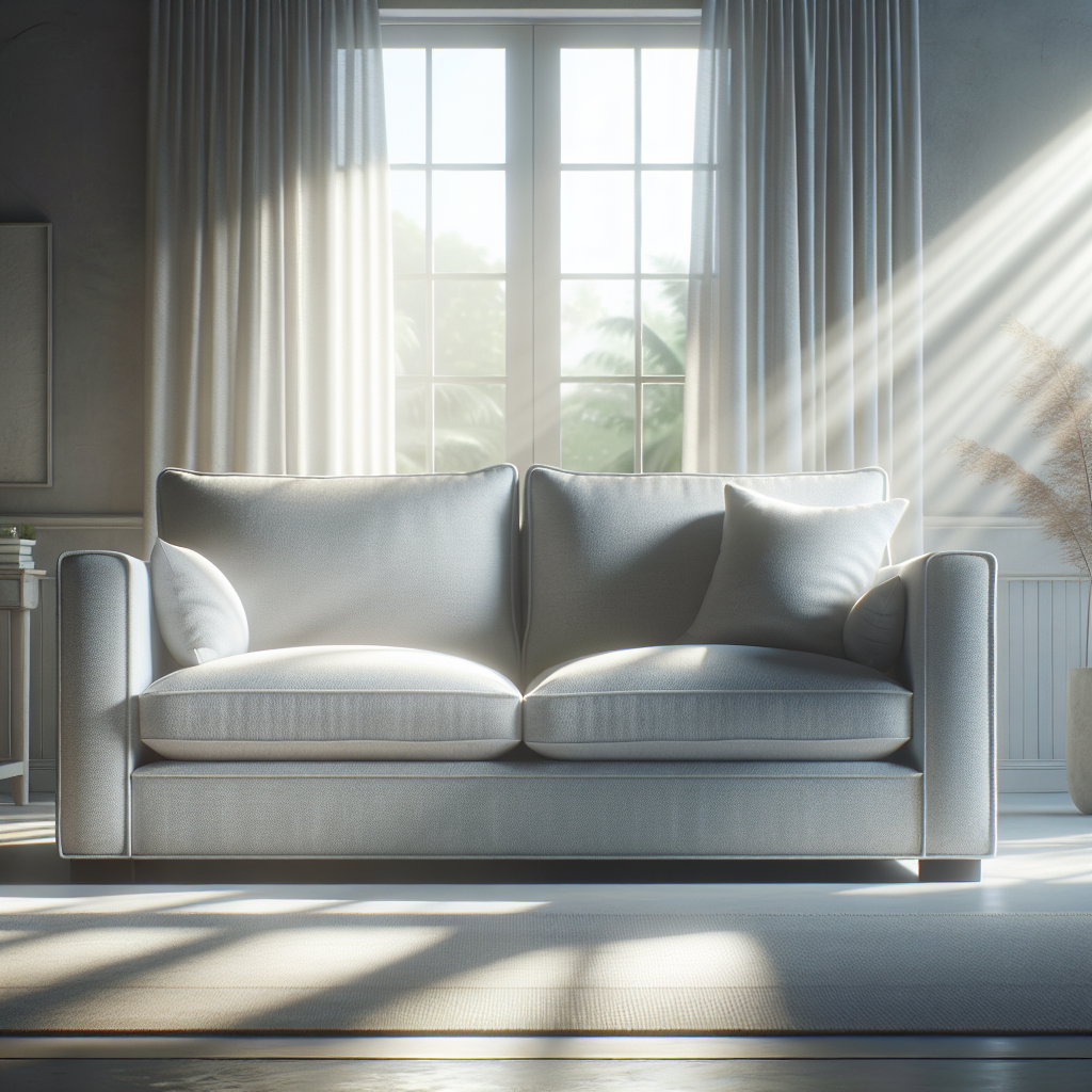 A pristine, light grey fabric sofa as the centerpiece of a modern, airy living room. The sofa looks impeccably clean and fresh, with sunlight gently highlighting its soft texture. The overall impression is one of comfort, cleanliness, and a welcoming home environment. High resolution, realistic photography style.
