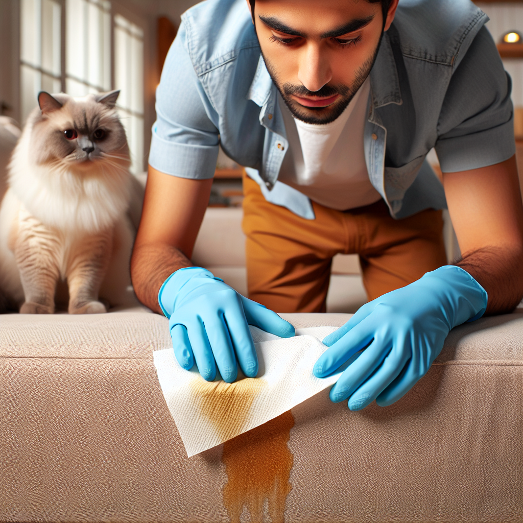 A close-up of a person wearing cleaning gloves, diligently dabbing a visible, fresh cat urine stain on a light-colored fabric sofa with white paper towels. A slightly guilty-looking cat peeks from behind the sofa. The scene should convey urgency and the beginning of a cleaning process in a cozy home setting, with soft, natural lighting.