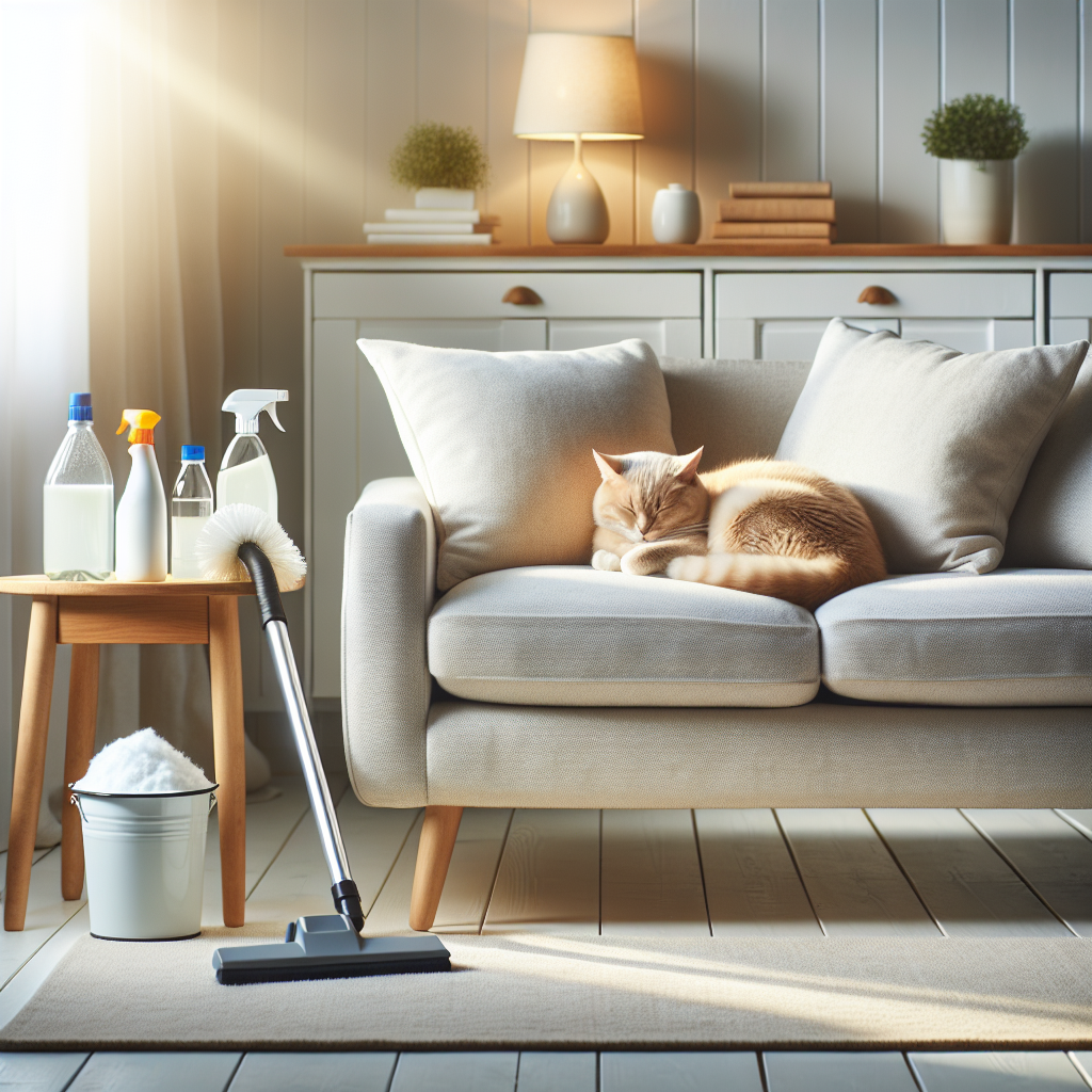 A bright, clean living room scene featuring a spotless, freshly cleaned sofa. On a small side table next to the sofa, there are neatly arranged cleaning supplies like a jar of baking soda, a bottle of white vinegar, a spray bottle, and a clean white cloth. A contented cat is curled up asleep on a clean cushion. The overall atmosphere is fresh, serene, and inviting, with warm, natural light, emphasizing a pleasant home environment.