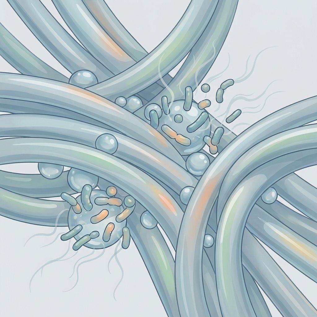A detailed, close-up infographic-style illustration showcasing a microscopic view of synthetic polyester fabric fibers. Tiny, bead-like sweat droplets are visibly trapped within and around the smooth, tightly woven threads. Amongst the moisture, numerous small, cartoonish bacteria shapes are multiplying, emitting faint, wavy odor particles. The illustration should emphasize how the non-absorbent nature of polyester creates an environment for bacteria and trapped smells, using a clean, light background to highlight the microscopic elements.