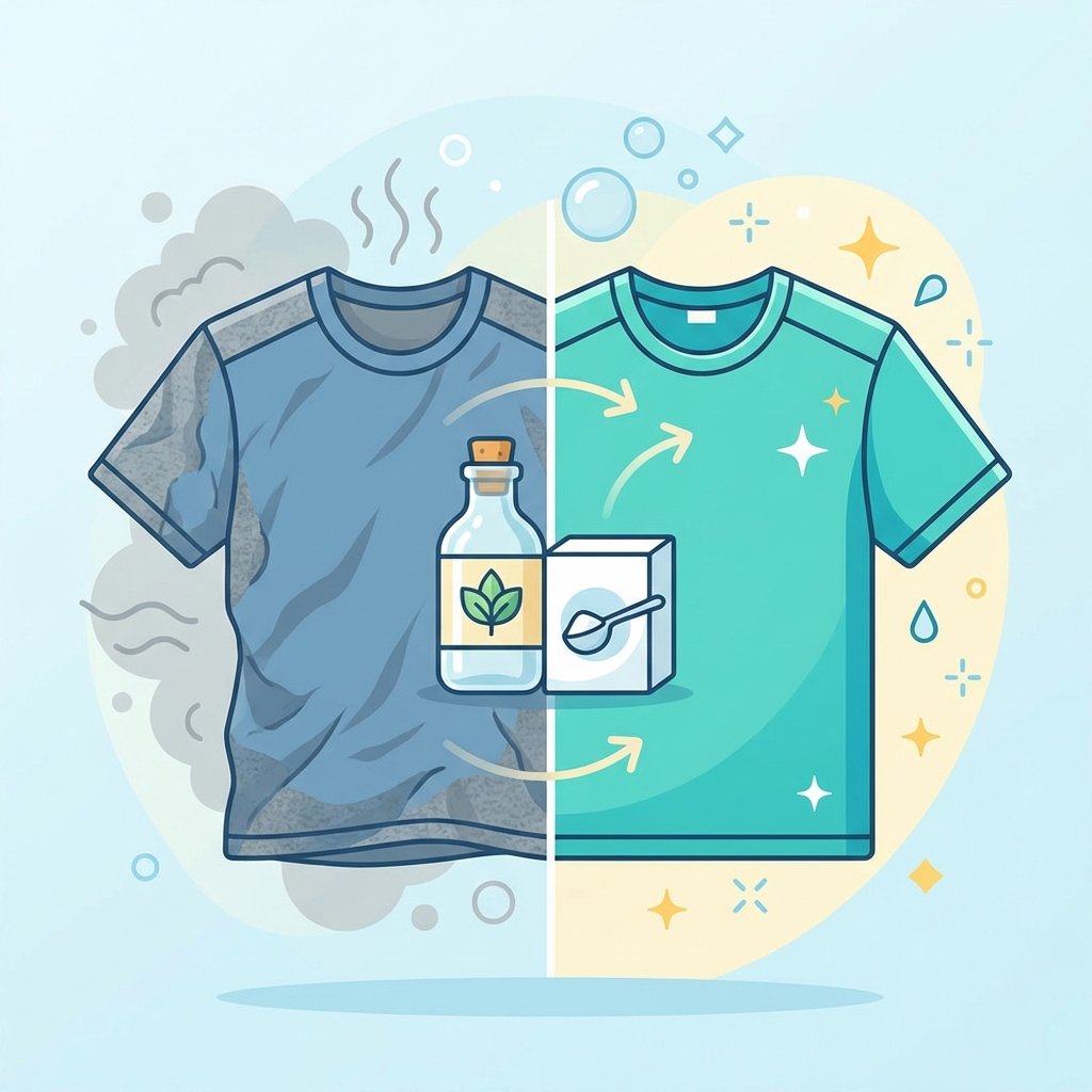 A vibrant, modern flat illustration depicting the concept of deodorizing a polyester garment. On one side, a slightly crumpled, dull-colored polyester sports shirt is shown emitting subtle, swirling gray odor clouds. On the other side, the same shirt appears bright, clean, and neatly folded, radiating gentle, sparkling freshness symbols. A common household item like a simple bottle of vinegar or a box of baking soda is subtly placed between them, hinting at the effective cleaning solution. The color palette should be clean and inviting.