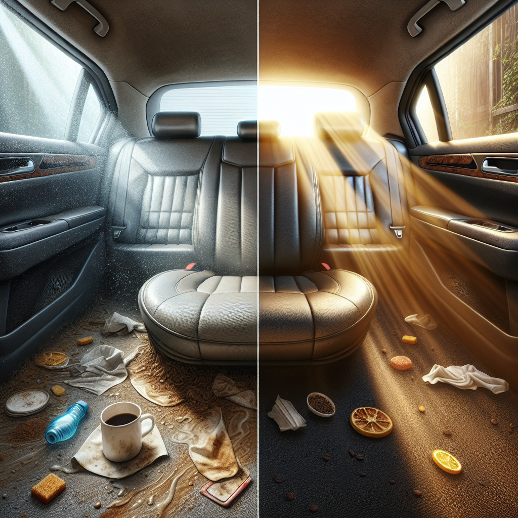 A split image of a car interior. On one side, the interior is slightly cluttered with hints of old coffee stains, crumbs, and a subtle hazy filter, suggesting persistent bad odors. On the other side, the same car interior is impeccably clean, bright, and fresh, with sunlight streaming in, symbolizing complete odor elimination and a pristine environment. Realistic style, high detail.