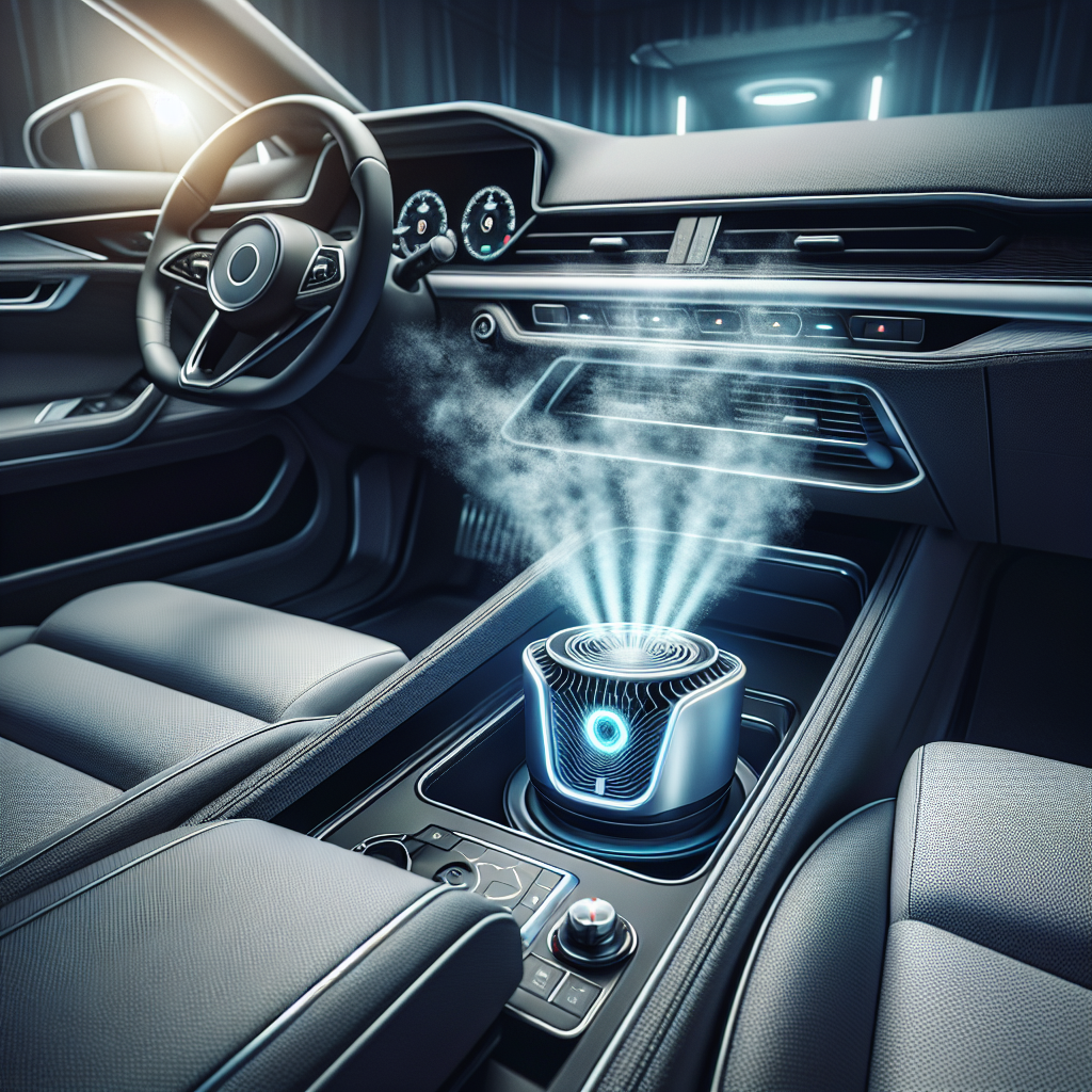 An interior shot of a modern car being treated with an advanced, unseen technology for odor removal. A subtle, purifying mist or glowing light emanates from a sleek device or area within the car, representing professional ozone treatment. The car's upholstery and surfaces are spotless, emphasizing deep cleaning and a fresh, sanitized environment. Focus on professionalism and technological effectiveness. Cinematic, clean aesthetic.