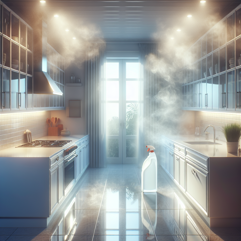 A pristine, modern kitchen with gleaming surfaces, but the air is visibly heavy with an abstract, slightly suffocating chemical haze, representing a strong cleaning product smell. A window is slightly ajar, but the unpleasant odor still dominates the scene. Realistic, with a subtle emphasis on the invisible smell.