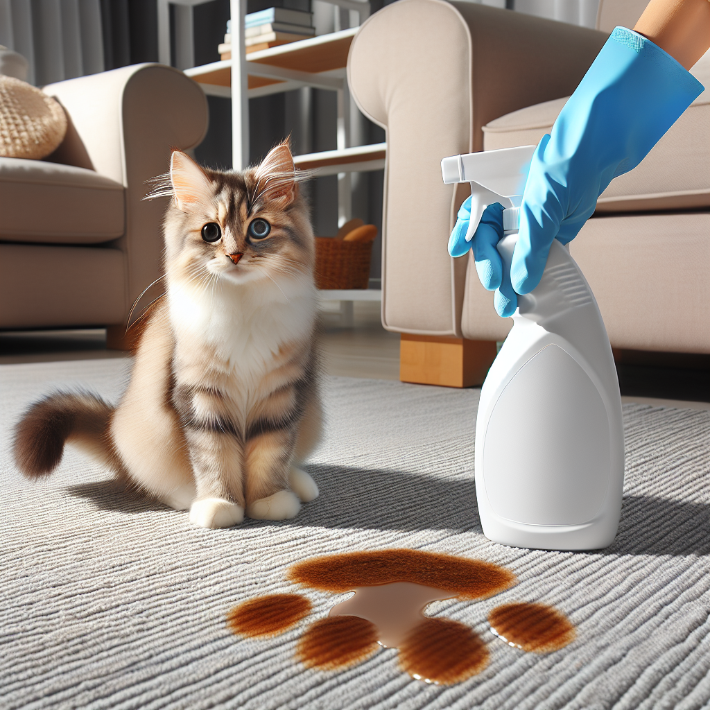 A cute, slightly mischievous cat sitting beside a subtle, stylized wet spot on a modern living room rug. In the foreground, a hand holds a bottle of a specialized cleaning spray, implying action. The scene should convey a common household problem with cat urine, but in a clean, optimistic, and slightly artistic blog header style. Soft natural lighting, warm colors, high detail.