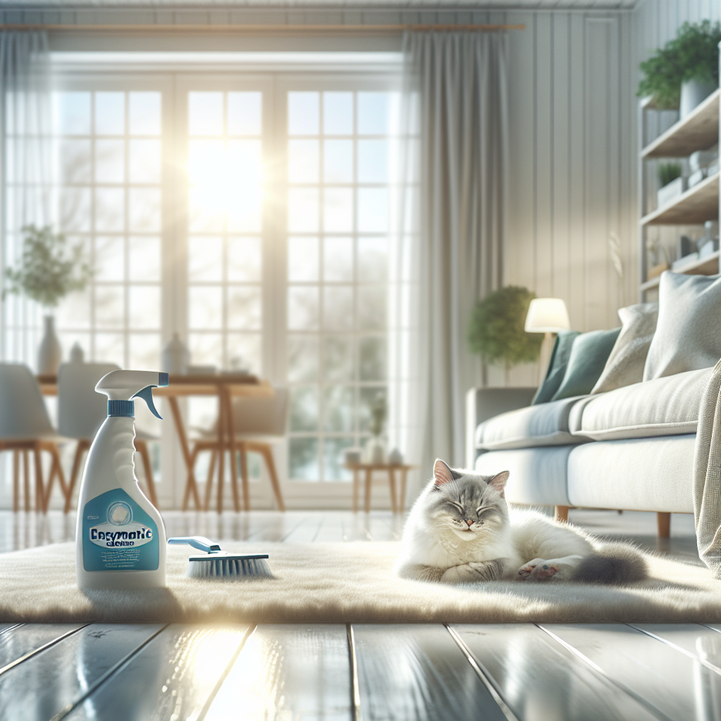 A serene and immaculately clean living room, bathed in soft natural light, where a happy, relaxed cat is comfortably curled up on a pristine rug or sofa. The overall atmosphere exudes freshness and cleanliness, with no signs of mess or odor. A subtle, out-of-focus bottle of 'enzymatic cleaner' could be present in the background on a shelf, symbolizing the effective solution. Modern, bright aesthetic, blog article style.