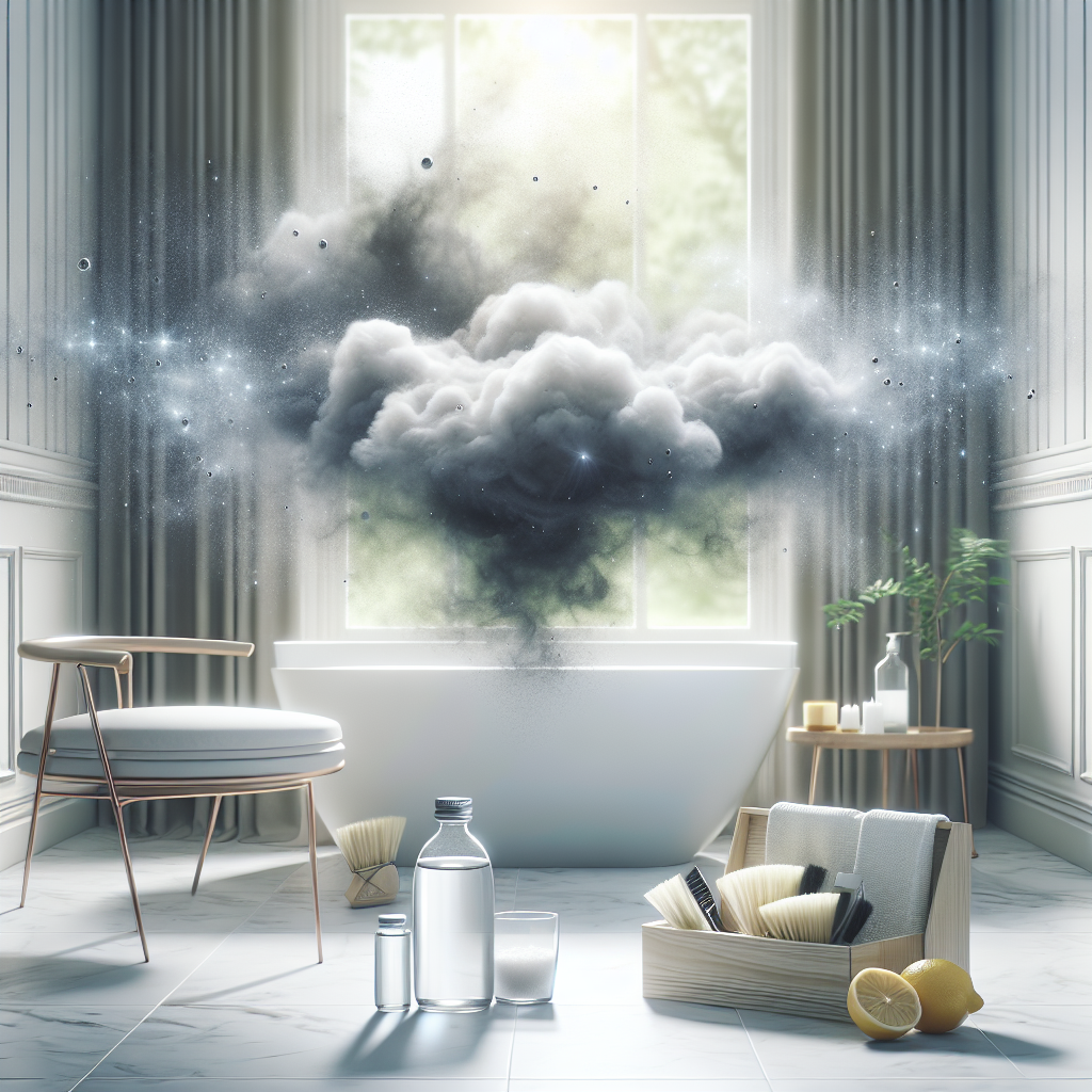 A bright, clean bathroom or living room scene, radiating freshness. A subtle, unpleasant odor (represented by a wispy, dark cloud) is visibly dissipating, being replaced by sparkling cleanliness and a feeling of fresh air. Bottles of white vinegar, a box of baking soda, and fresh lemons are discreetly placed, symbolizing the natural solutions. The overall atmosphere is light, airy, and inviting. Hyperrealistic, clean aesthetic, soft natural lighting.