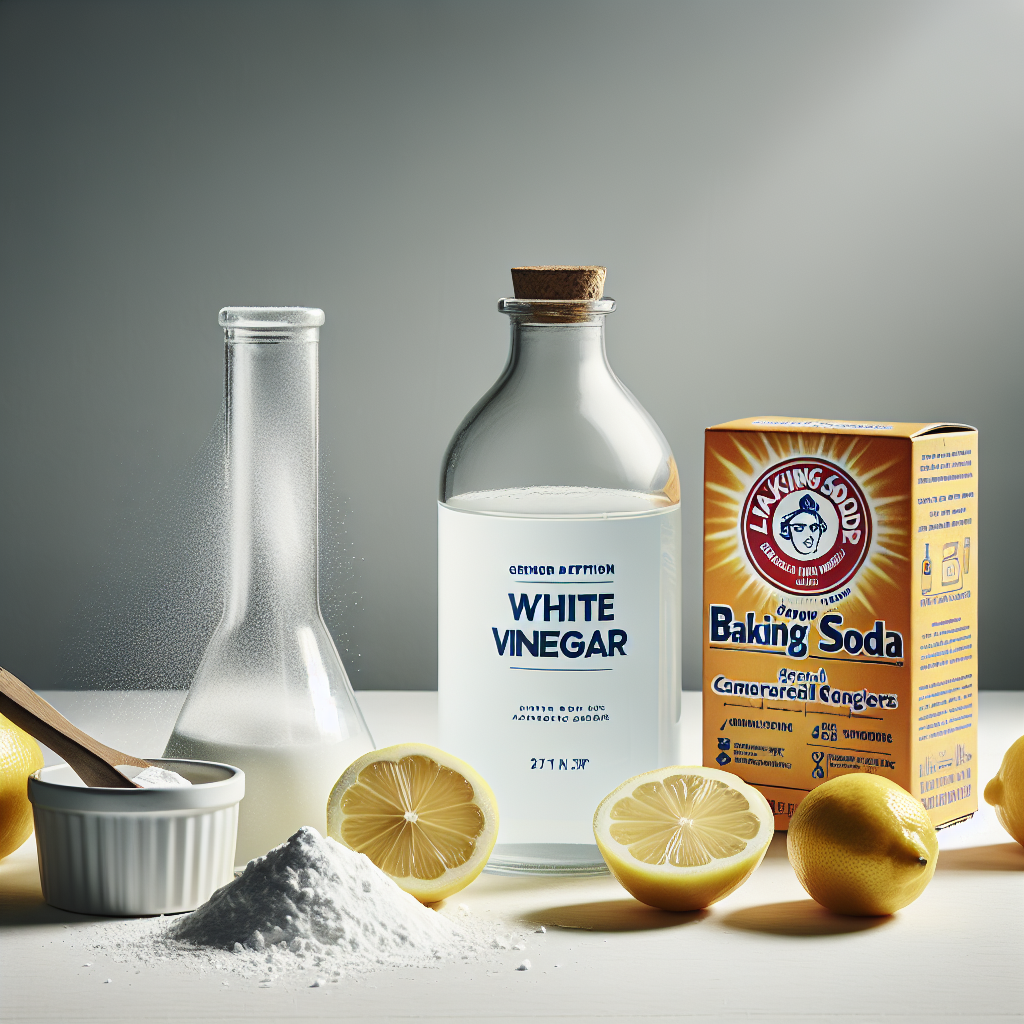 A minimalist still life showcasing powerful natural cleaning agents. A clear bottle of white vinegar, an open box of baking soda with some powder neatly spilled, and a few fresh lemons (whole and sliced) are artfully arranged on a pristine white or light wooden surface. The composition evokes effectiveness and natural purity. Product photography style, high detail, sharp focus, natural daylight.