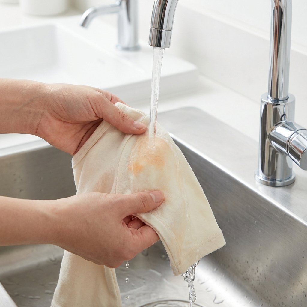A pair of hands gently holding a small piece of light-colored fabric, possibly a child's sleeve, under a steady stream of clear, cold water from a kitchen or laundry room tap. A subtle, light orange or red stain is visible on the fabric where the water hits it, slowly dispersing and running off. The water should look clean and crisp. The background shows parts of a modern, clean sink basin. Bright, clean, and practical professional photography.