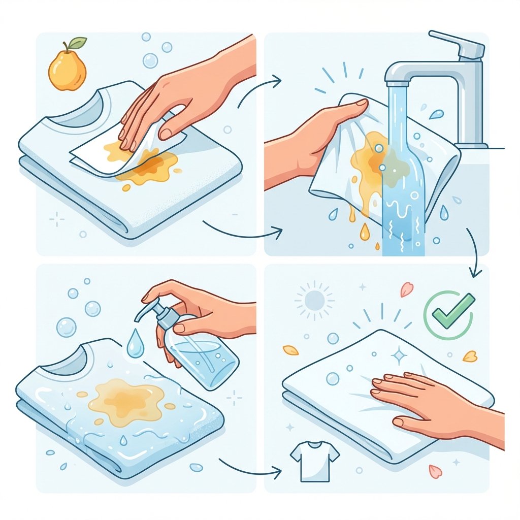 A clean, modern flat illustration showing a sequence of actions for fresh stain removal on a light-colored textile (e.g., a white t-shirt). The illustration is divided into a few distinct panels or a logical flow. Panel 1: A hand gently blotting a fresh, small yellow-orange quince stain with a white paper towel. Panel 2: The stained area being rinsed under a stream of cold water from a faucet. Panel 3: A small drop of liquid soap being applied to the wet, stained fabric. The overall scene conveys swift, gentle, and effective immediate action. The background is minimalist and bright, focusing on the steps.