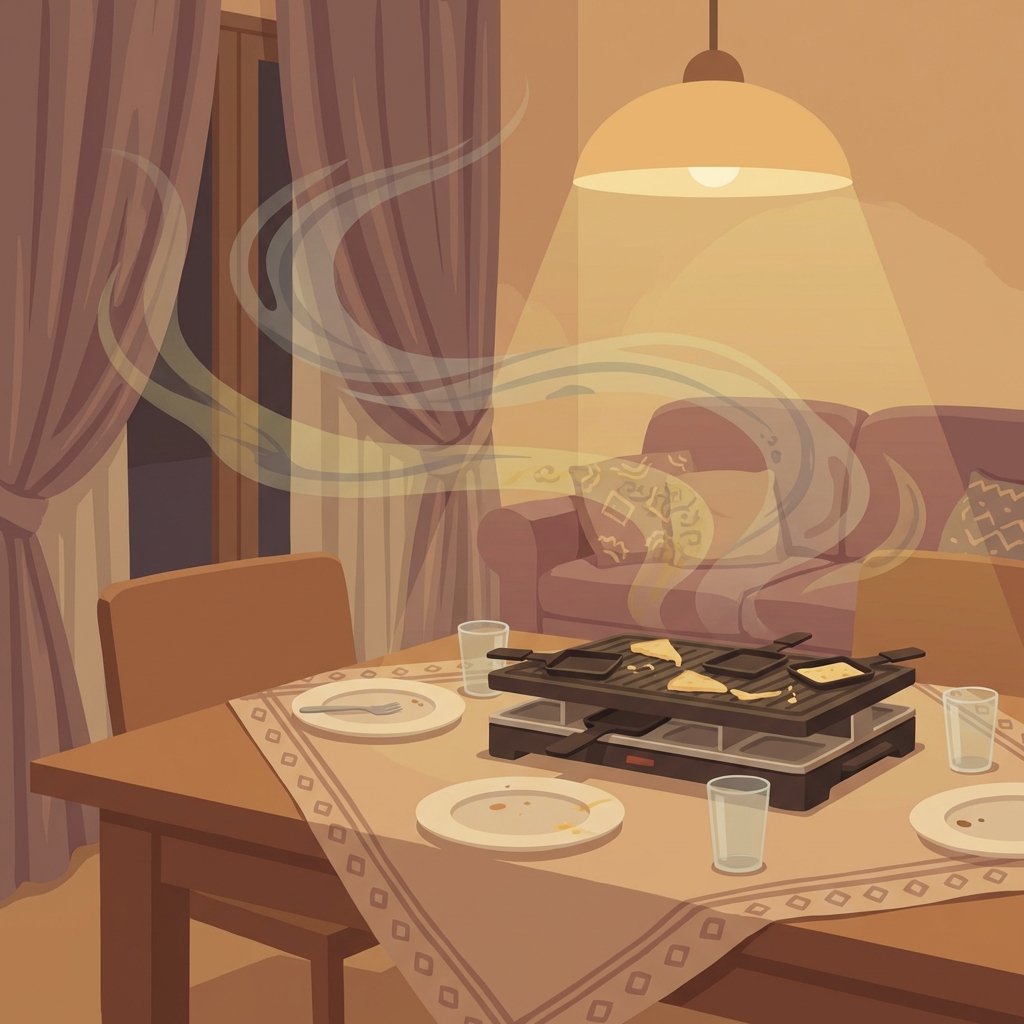 A cozy, warmly lit interior scene of a dining table after a raclette meal. An empty raclette grill sits on the table, along with some used plates and glasses. The room has soft furnishings like curtains and a sofa. Subtle, translucent greyish-yellow wisps or swirling patterns, representing lingering odors, emanate from the textiles and hover lightly in the air. The overall atmosphere should be slightly subdued, hinting at the persistent smell, contrasting with the warmth of the room. Flat illustration style with soft shadows and a warm color palette.