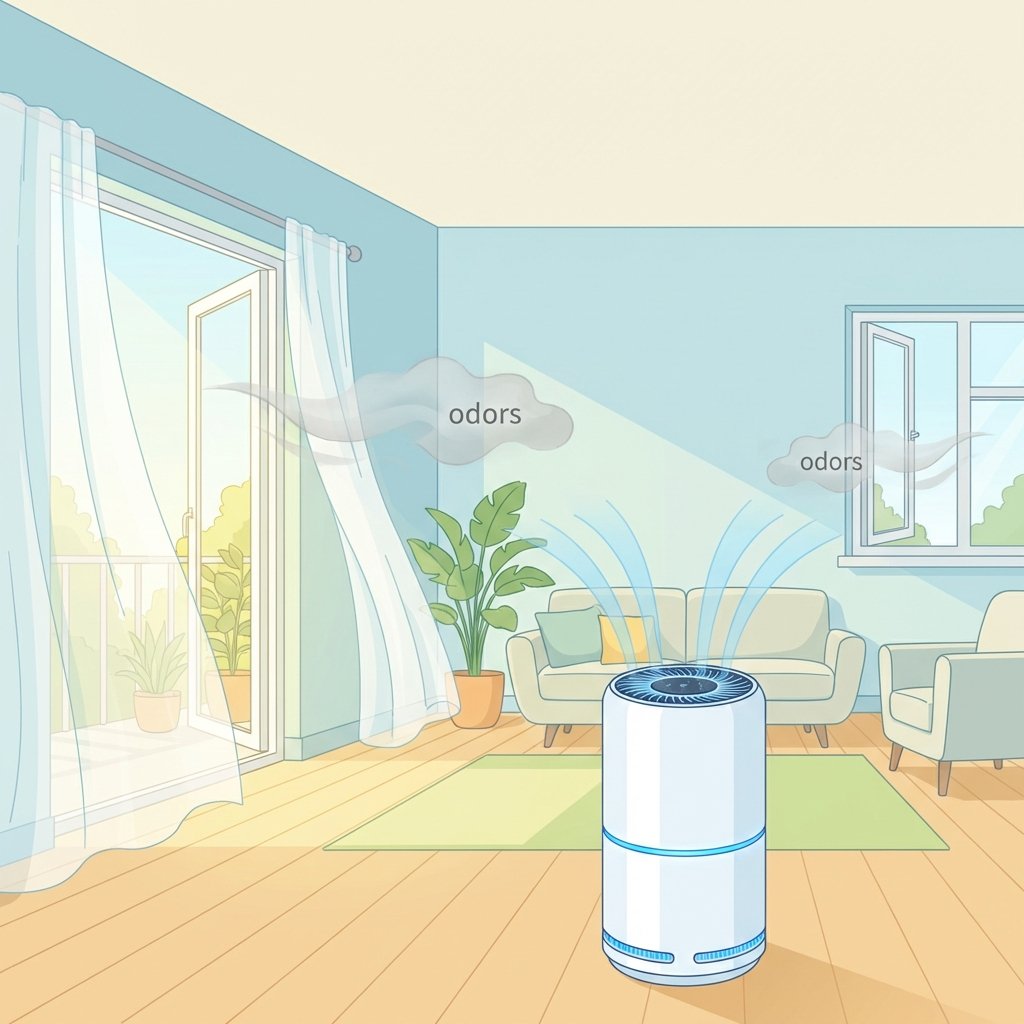 A bright, airy living room scene featuring a wide-open window with a gentle breeze blowing through, indicated by flowing curtains. Across the room, another window is slightly ajar, visually suggesting cross-ventilation. In the foreground, a modern, sleek air purifier is visibly active, with subtle upward-moving blue air streams representing clean air. Faint, wispy grey odor clouds are depicted being pushed out towards the open windows, illustrating the process of air exchange. Professional flat illustration with a clean, optimistic feel and bright lighting.