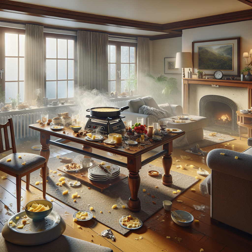 A cozy living room the morning after a fun raclette party. The raclette grill sits cold on the dining table, surrounded by a few empty dishes and forgotten crumbs. A subtle, almost visible haze hangs in the air, representing a strong, lingering cheese odor that makes the room feel heavy and stale. The overall atmosphere conveys the challenge of a stubborn food smell. Realistic photography, indoor setting.