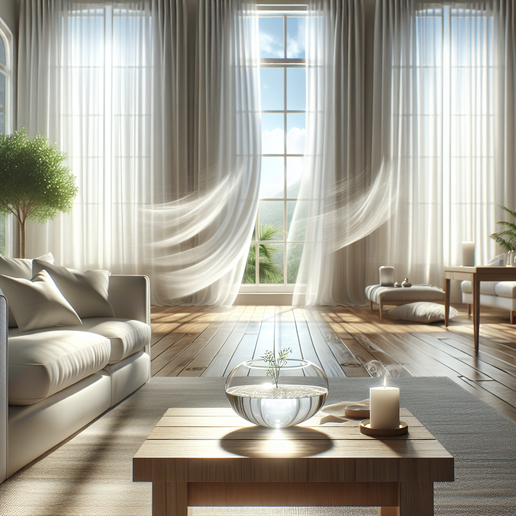 A bright, spacious living room meticulously clean and filled with fresh morning light. Wide-open windows reveal a clear sky, and sheer white curtains billow gently inward, suggesting a refreshing cross-breeze. A small, elegant bowl filled with clear liquid (representing a natural deodorizer) is placed discreetly on a polished wooden table. The scene evokes a feeling of serene freshness, cleanliness, and revitalization. Realistic photography, natural light.