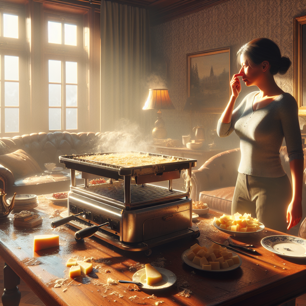 A cozy living room the morning after a raclette evening. A subtle, almost visible haze hangs in the air, hinting at a lingering, strong cheese smell. The raclette grill is still on the table, recently used. Sunlight streams in, but the atmosphere feels slightly stuffy. A person subtly wrinkles their nose while standing near a window, suggesting discomfort from the persistent odor. Realistic style, warm light.