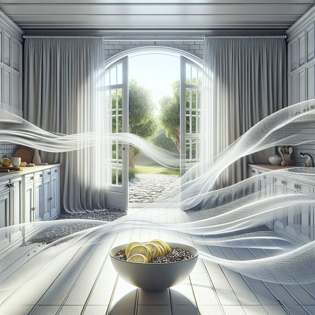 A bright, airy kitchen with wide-open windows, allowing a refreshing breeze to blow through. Sunlight fills the room, making it feel clean and vibrant. Sheer white curtains are gently billowing. On a pristine counter, there's a bowl of fresh lemon slices or coffee grounds, subtly hinting at odor neutralization. The overall feeling is one of fresh, clean air and renewed comfort. Realistic style, clear and bright.