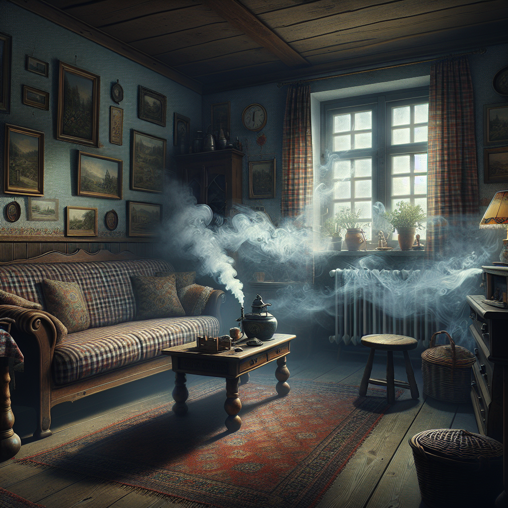A cozy German living room, slightly dimmed, with visible wisps of lingering, heavy incense smoke filling the air, creating a slightly oppressive and persistent atmosphere. The smoke subtly clings to textiles and wooden furniture, indicating a strong, entrenched smell. A window is slightly ajar, but the air still feels thick. Emphasize the 'lingering' and 'heavy' nature of the smell. Realistic photo.