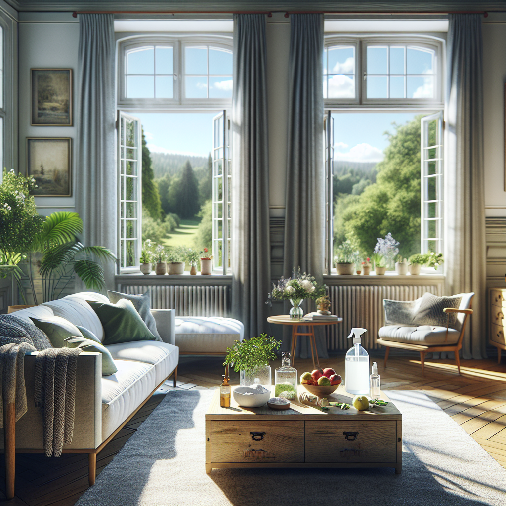 A bright, fresh German living room with wide-open windows, allowing abundant natural light and a gentle breeze to enter. Various natural odor neutralizers are subtly visible: a small bowl of baking soda or activated charcoal on a table, a spray bottle with a vinegar solution, and freshly washed textiles draped over a chair or sofa. The overall atmosphere is clean, airy, and inviting, symbolizing successful odor removal. Realistic photo.