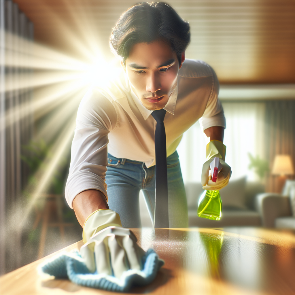 A bright, clean scene in a home (e.g., a hand cleaning a floor or wall) symbolizing the process of thorough cleaning and odor elimination. A person wearing protective gloves is actively wiping a surface, with a sense of fresh air and renewed cleanliness starting to emerge in the background, perhaps with a soft glow or a ray of natural light. The image should convey hygiene, effort, and the transition from a problem to a fresh, clean environment.