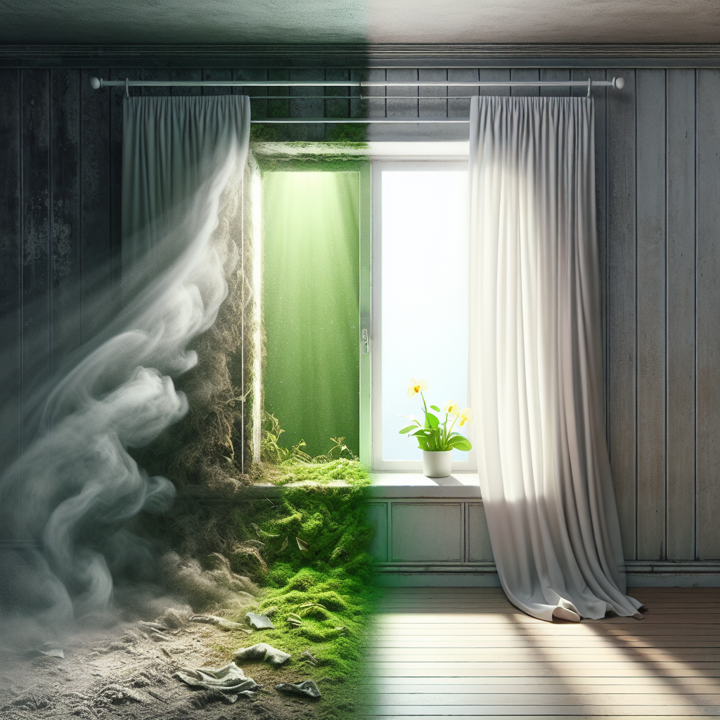 A split-image photograph showing a dramatic transformation. On the left side, a dark, dusty, and somewhat neglected corner of a room, subtly conveying a stale, unpleasant atmosphere, perhaps with a faint, almost visible greenish-brown haze clinging to surfaces. On the right side, the exact same corner is now brightly lit by sunlight, impeccably clean, and vibrant, with sheer white curtains billowing gently from an unseen open window, symbolizing fresh air and cleanliness. The transition between the two sides should be seamless and impactful. Realistic, detailed.