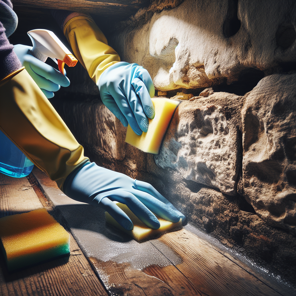 A close-up, high-detail photograph of gloved hands (wearing blue or yellow protective cleaning gloves) meticulously scrubbing and disinfecting a hard-to-reach crevice or a dark corner between a wall and a floor in a home. A spray bottle of cleaner and a sponge are visible. Subtle light reflects off the freshly cleaned surface, and the area around the cleaning action appears visibly brighter and cleaner, conveying a sense of thoroughness and hygienic restoration. The setting suggests an older German home, perhaps a basement or utility room, now being made pristine.