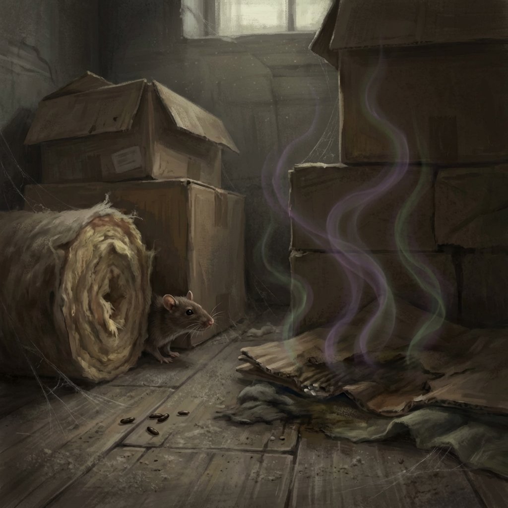 A shadowy, cluttered corner of an old basement or attic, revealing a small brown rat peeking cautiously from behind stacked boxes or insulation. Around the rat, subtle visual cues of its presence: a few dark, rice-grain-sized droppings on the dusty floor, and faint, translucent purple or green wavy lines symbolizing a strong, pungent odor emanating from a damp patch. The overall atmosphere should convey a sense of hidden infestation and unpleasantness. Realistic digital painting with a slightly muted color palette, suitable for a blog article.