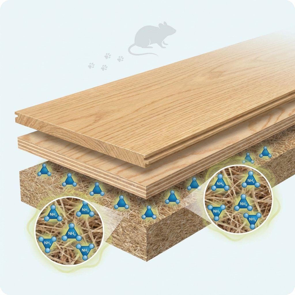 A clean, cross-sectional infographic-style illustration of a common household material like a wooden floorboard or carpet. Magnified within the material's fibers or pores, numerous small, stylized ammonia molecules (e.g., triangular shapes) are deeply embedded, radiating faint, undesirable auras. Above the material, a very faint, stylized silhouette of a rat or tiny rat paw prints, visually linking the source to the pervasive odor. Clean, modern infographic illustration with a light background and a professional, informative aesthetic.
