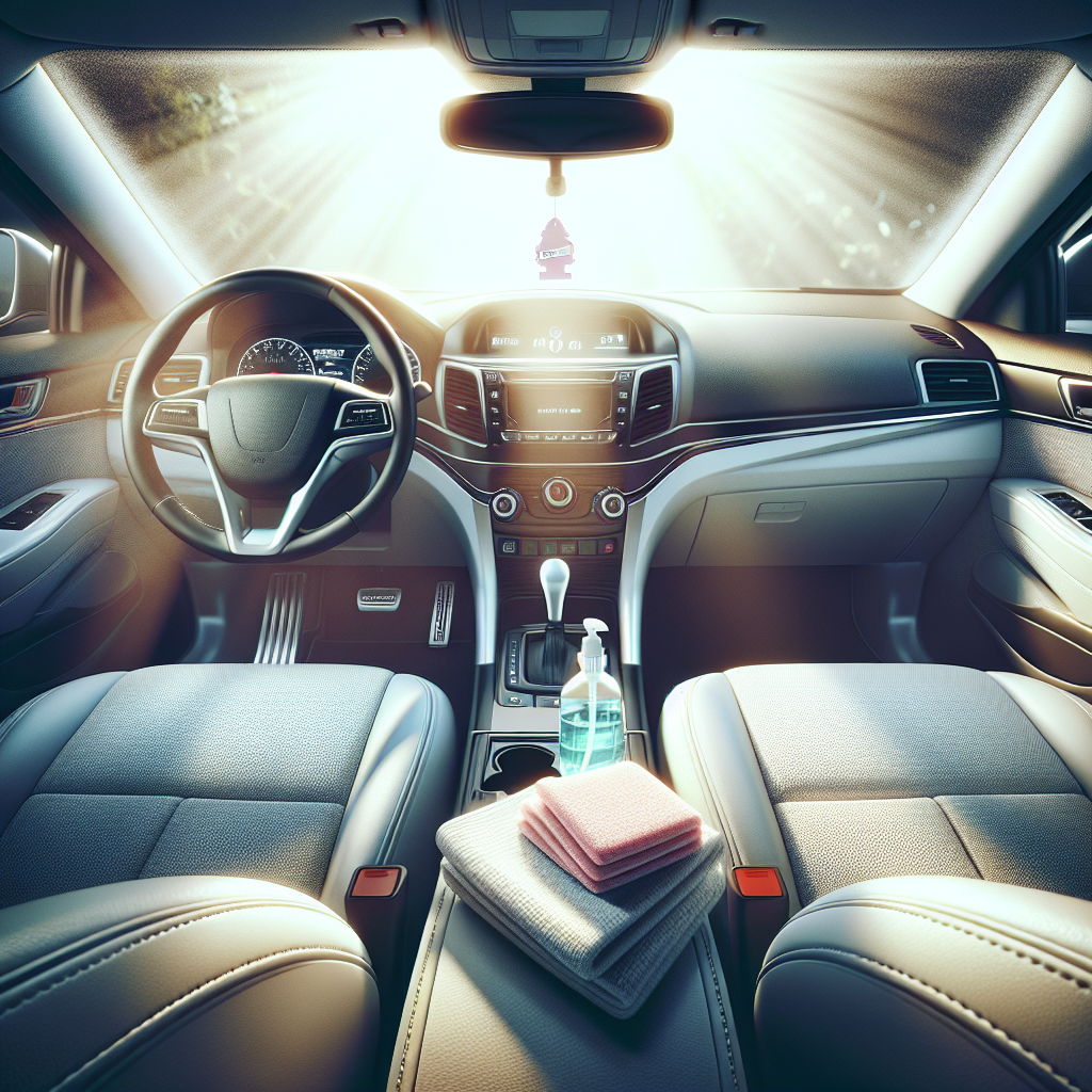 A bright, realistic photograph of a car's interior, meticulously clean and fresh. Sunlight streams through the windows, highlighting sparkling clean fabric seats, a polished dashboard, and a spotless steering wheel. A sense of freshness and a pleasant, clean aroma are conveyed visually. A new car air freshener or a spray bottle with cleaning solution is subtly placed.