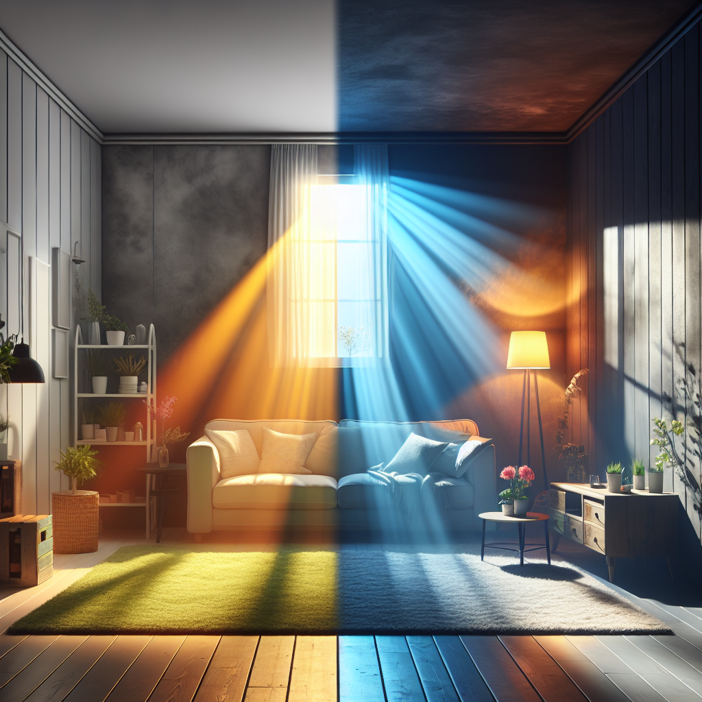 A cozy living room. One side is subtly hazy with a hint of stale air and muted colors, while the other side is bright, airy, and filled with sunlight, with vibrant, fresh colors, symbolizing a smoke-free environment. A clear visual transition from an unpleasant to a fresh state. Realistic, inviting.