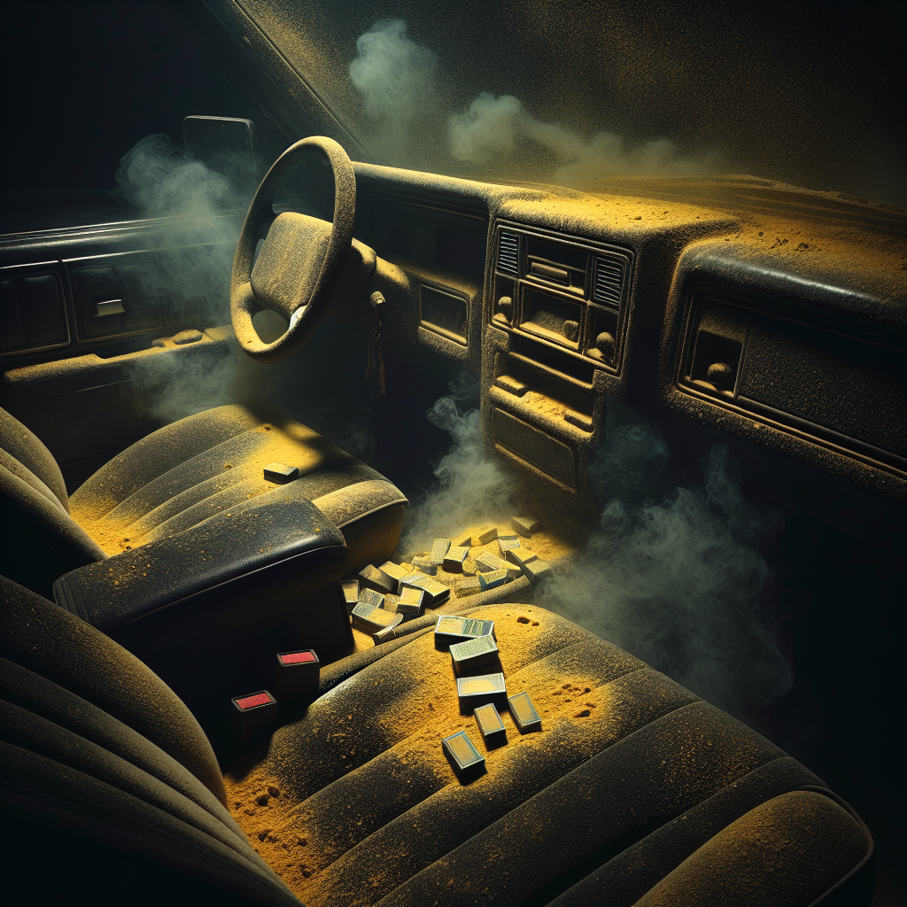 A gritty, close-up shot of a car interior heavily stained by years of cigarette smoke. Yellowish nicotine residue is visible on the dashboard, the fabric upholstery looks dull and permeated, and there's a faint, stale haze in the air, emphasizing the stubborn, pervasive smell. Dark, dramatic lighting.