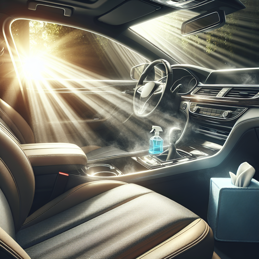 A meticulously clean and fresh car interior, bathed in bright, natural light. The upholstery is spotless, all surfaces are polished, and the windows are crystal clear, reflecting a sense of pure freshness and hygiene. Subtle details suggest a successful transformation from a smoky car, like a small plant or a new air freshener (optional).