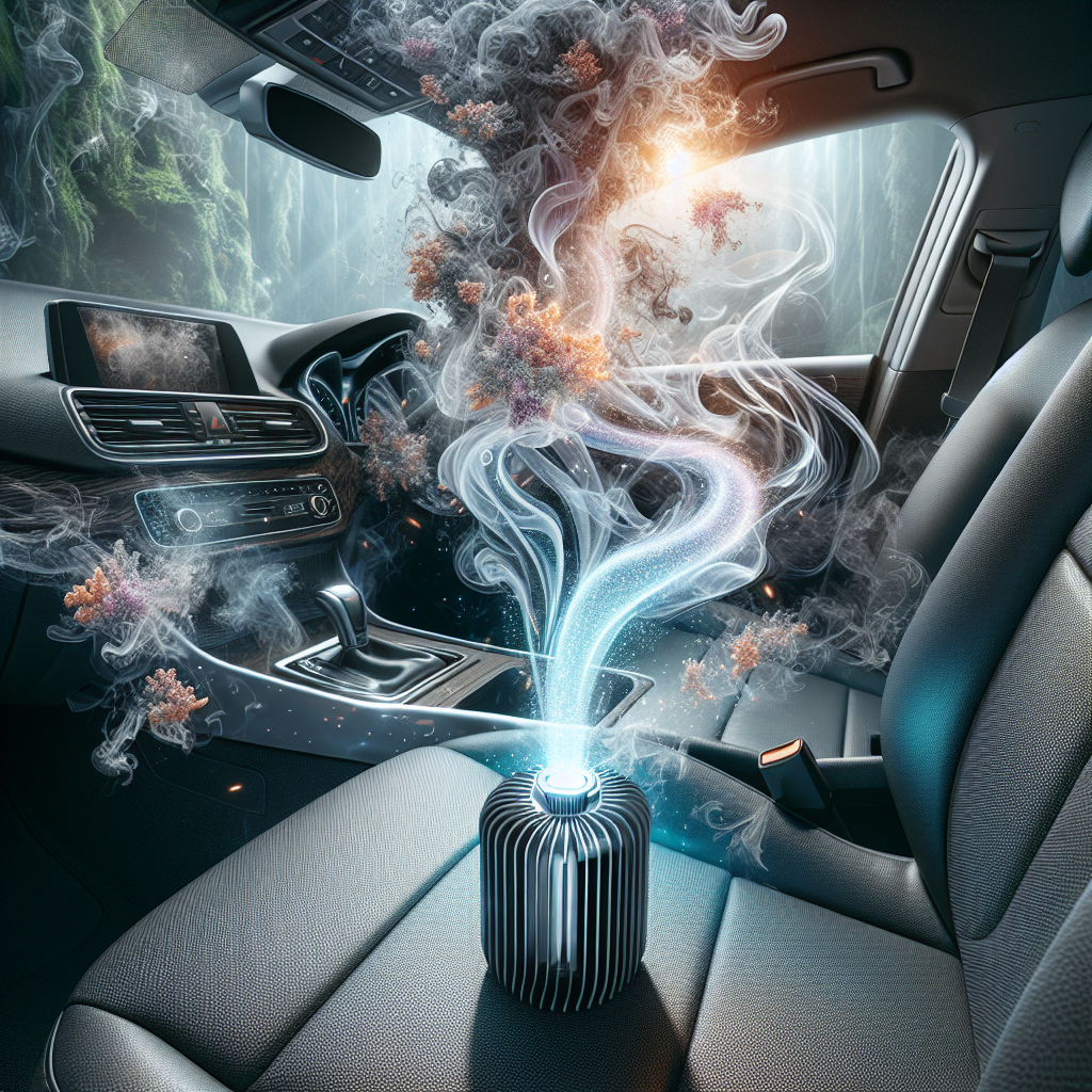 A powerful visual metaphor for eliminating stubborn cigarette smoke from a car. Inside a car's interior, swirling, dark, smoky tendrils representing the persistent odor are being actively broken down and dissipated by shimmering, clean, light-infused energy emanating from a sleek, modern ozone generator placed on a car seat. The atmosphere shifts from hazy and dull to bright and pure, highlighting the dramatic transformation. Photorealistic, high detail.