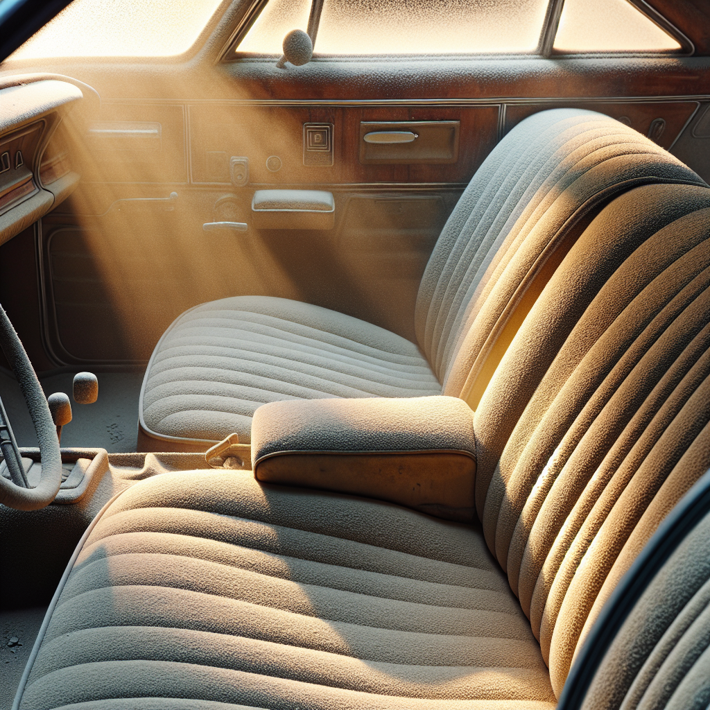 A realistic photo of an empty, older car interior. Sunlight streams through a window, highlighting faint dust particles and a subtle, yellowish-brown tint on the worn fabric upholstery and plastic surfaces, subtly suggesting a long-embedded, stale cigarette smoke smell. The car looks neglected but not damaged, conveying a sense of persistent, unpleasant odor. No visible cigarettes or active smoke.