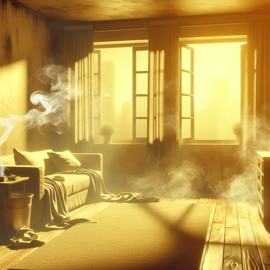 An indoor apartment scene, slightly desaturated and tinged with a subtle, aged yellow, conveying a lingering, stale cigarette smoke smell. The air appears heavy and uninviting. An open window in the background offers only a hint of ineffective ventilation, emphasizing the stubbornness of the deeply embedded odor in the walls, furniture, and textiles. The image evokes a challenging cleaning task.