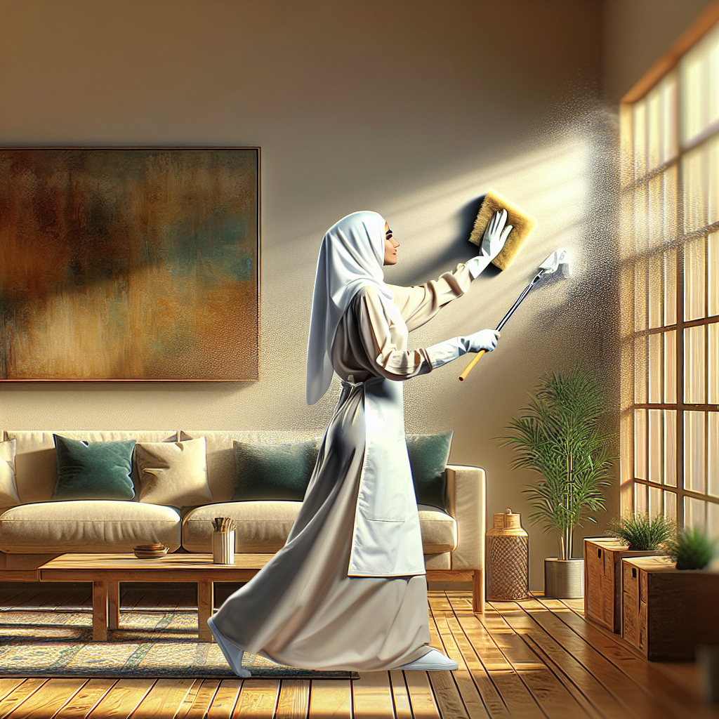 A bright, airy, and meticulously clean living room interior, bathed in abundant natural light streaming through wide-open windows. A subtle scent of freshness and cleanliness is palpable. A person is gently wiping a pristine white wall with a sponge, symbolizing a successful deep cleaning process. The scene evokes a feeling of renewal, hygiene, and crisp, fresh air, showcasing the complete removal of any previous odors.