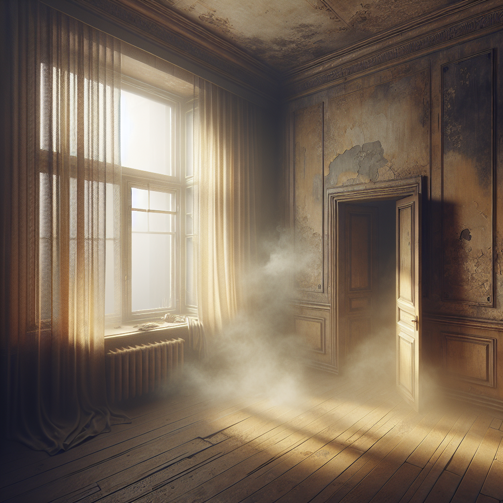 An interior shot of an old, dingy apartment room with visible yellowish-brown nicotine stains on the walls and curtains. A heavy, stale, unpleasant smoke haze lingers in the air, creating a palpable sense of persistent odor. Realistic photo, muted colors, indoor, natural light.
