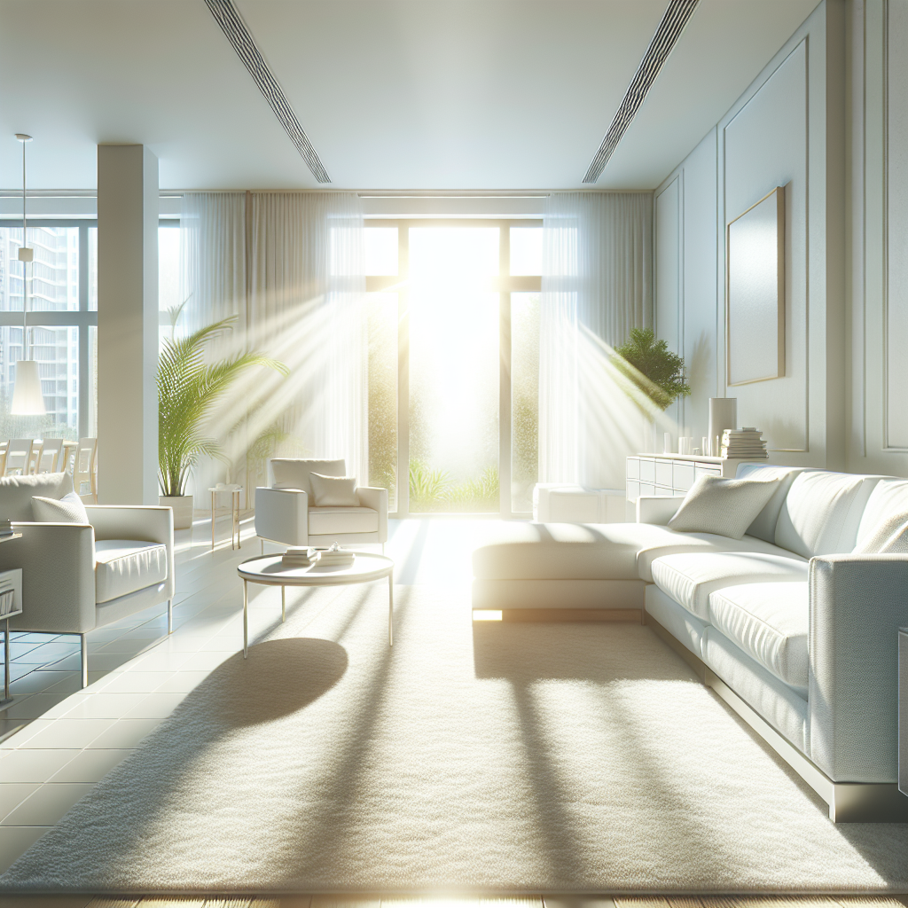 A bright and airy apartment living room, newly cleaned and completely free of smoke smell. Sunlight streams through wide-open windows, revealing pristine, white walls and clean furniture. The atmosphere is fresh, inviting, and revitalized, symbolizing a successful deep cleaning. Realistic photo, vibrant, clean aesthetic, natural light.
