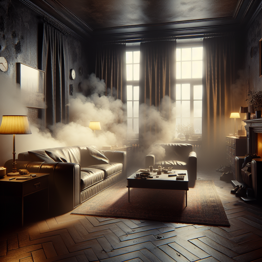 A dimly lit German living room, filled with a palpable, stale cigarette smoke lingering in the air, subtly visible as a hazy, yellowish film over heavy curtains and worn furniture. The atmosphere feels heavy and unpleasant, clearly depicting a room deeply affected by persistent smoke odor. Cinematic, realistic, high detail.