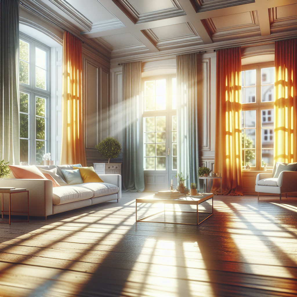 A bright, clean, and airy German living room, bathed in warm sunlight streaming through wide-open windows. Vibrant, freshly laundered curtains gently sway, and the room feels incredibly fresh and revitalized, with sparkling clean surfaces and a clear sense of purified air, symbolizing the successful removal of all smoke odor. Cinematic, realistic, high detail.