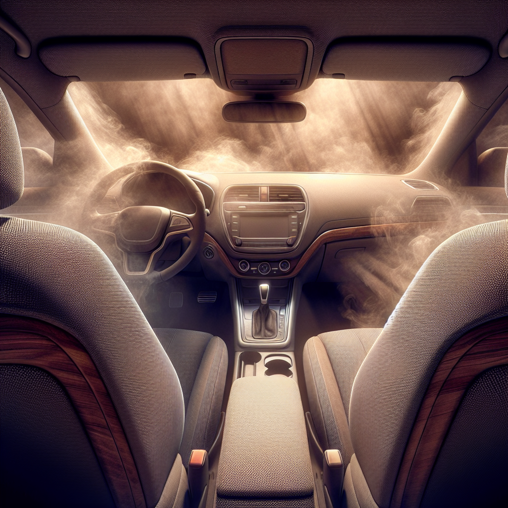 A car's interior, specifically focusing on the fabric seats and dashboard, subtly permeated with a faint, brownish-grey haze that visualizes stubborn, lingering cigarette smoke smell. The atmosphere is uninviting and stale, despite no active smoking happening. Realistic, high detail.