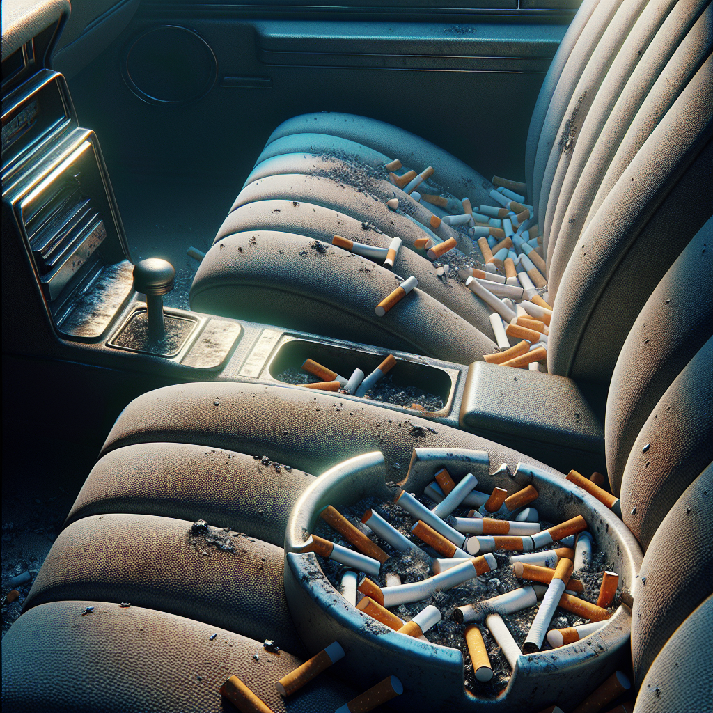 A close-up shot inside a car interior, showing a heavily used ashtray overflowing with cigarette butts. The fabric upholstery of the seats looks slightly discolored and worn, implying a persistent, stale smoke smell. There's a subtle, almost visible heaviness in the air, but no actual smoke. Focus on realistic detail and a somewhat drab, unpleasant atmosphere. Cinematic lighting.