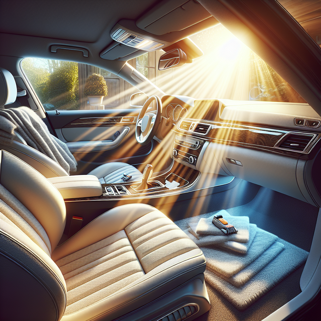 A pristine, sparkling car interior after a thorough cleaning. Sunlight streams through the windows, illuminating freshly vacuumed carpets and bright, clean upholstery. A window is slightly ajar, symbolizing fresh air. The scene evokes a sense of renewal, cleanliness, and the absence of any unpleasant odor. Focus on crisp details, vibrant colors, and an inviting atmosphere. Realistic, bright photography style.