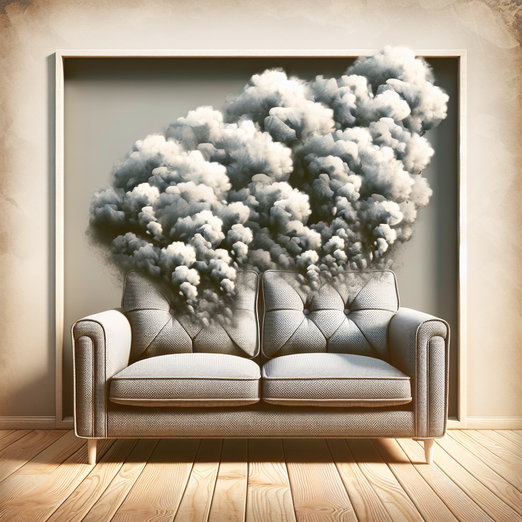 A comfortable fabric sofa in a cozy living room, with subtle, stylized, unpleasant grey-brown fumes or wavy lines visibly emanating from its cushions, representing a lingering cigarette smoke odor. The room appears slightly stuffy, contrasting with the potential for freshness. Realistic photograph, focus on the sofa.