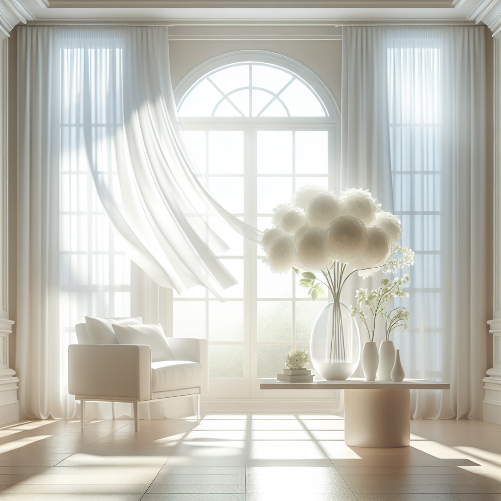 A bright, airy living room with large open windows allowing sunlight and a gentle breeze to enter, causing sheer white curtains to billow softly. The room feels completely fresh, clean, and renewed, with no hint of smoke, emphasizing purity and a pleasant atmosphere. A vase of simple, fresh white flowers sits on a clean table.